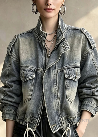 Stylish Zip Up Pockets Drawstring Patchwork Denim Jackets Fall