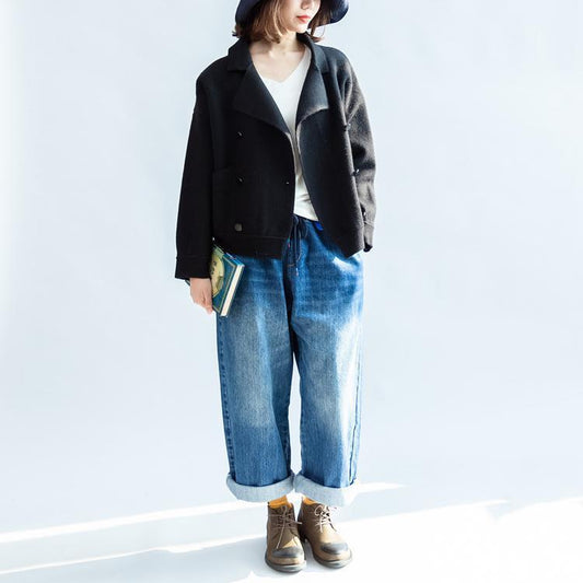 Stilvolle schwarze Wollmäntel Zweireiher kurze Winterjacken Casual Style