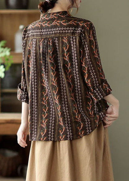 Stilvolle Schokoladenknopf Peter Pan Kragen Print Shirts Frühling