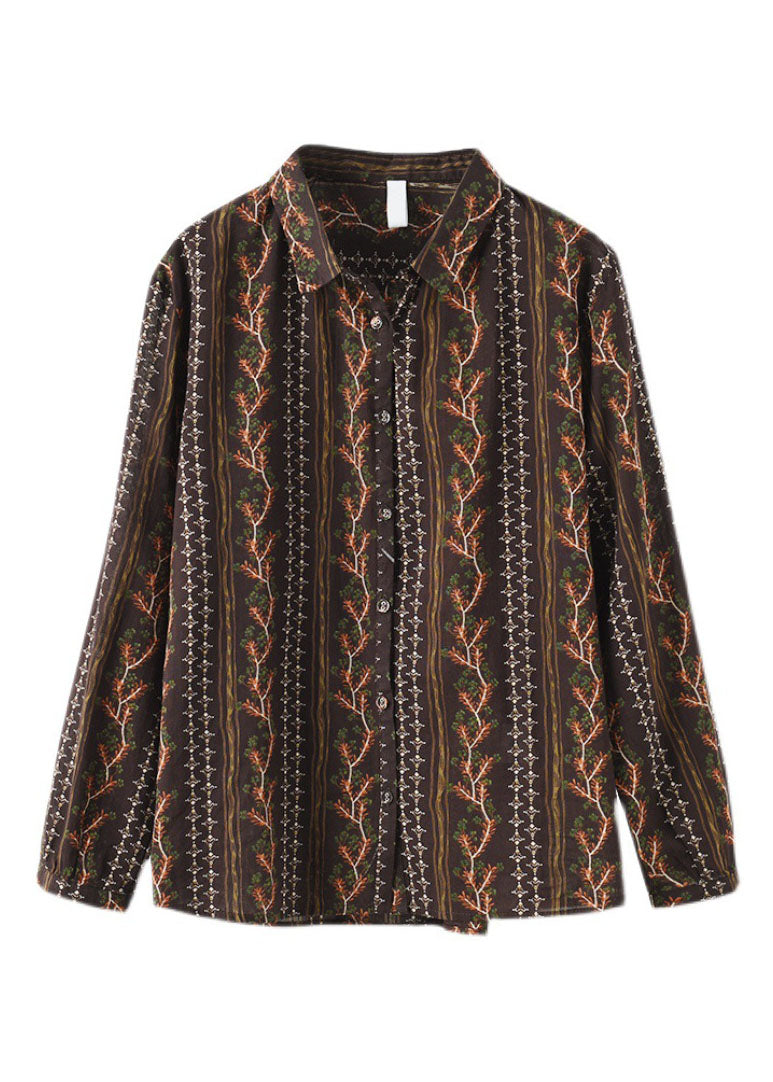 Stilvolle Schokoladenknopf Peter Pan Kragen Print Shirts Frühling