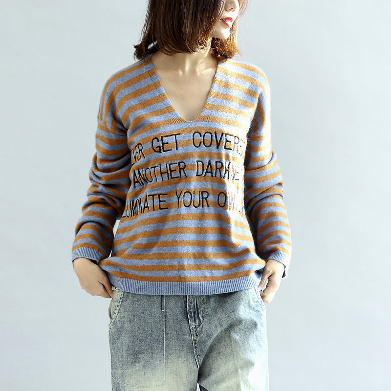 Stilvolle gestreifte Baumwollpullover blau und khaki warme Pullover Strickpullover