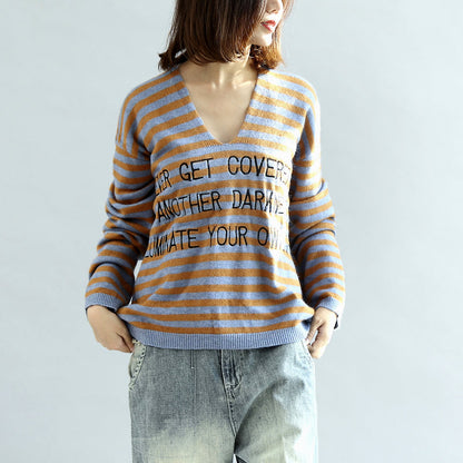 Stilvolle gestreifte Baumwollpullover blau und khaki warme Pullover Strickpullover