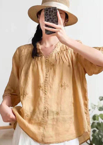 Stilvolle Orange V-Ausschnitt bestickte Sommer Ramie Shirts Halbarm