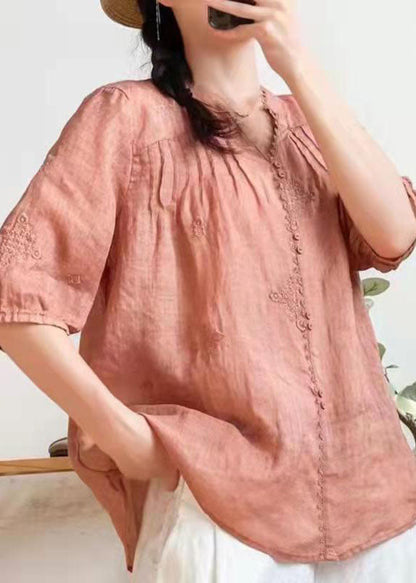 Stilvolle Orange V-Ausschnitt bestickte Sommer Ramie Shirts Halbarm