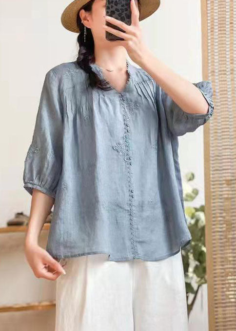 Stilvolle Orange V-Ausschnitt bestickte Sommer Ramie Shirts Halbarm