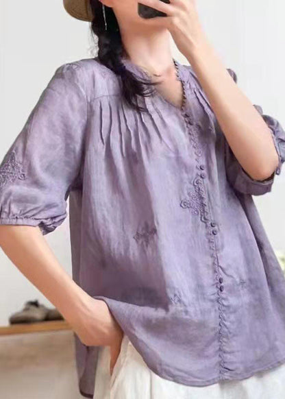 Stilvolle Orange V-Ausschnitt bestickte Sommer Ramie Shirts Halbarm