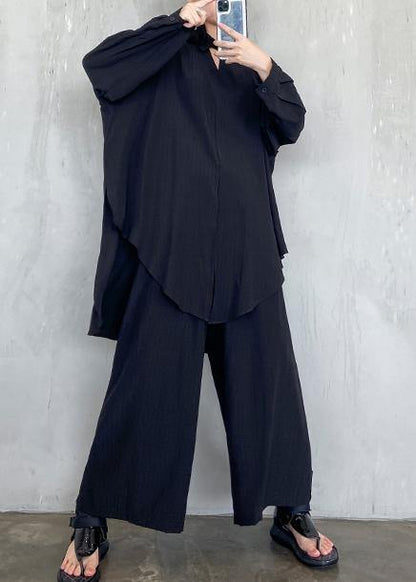 Suit large black long sleeve shirt wide leg pants two piece set - SooLinen