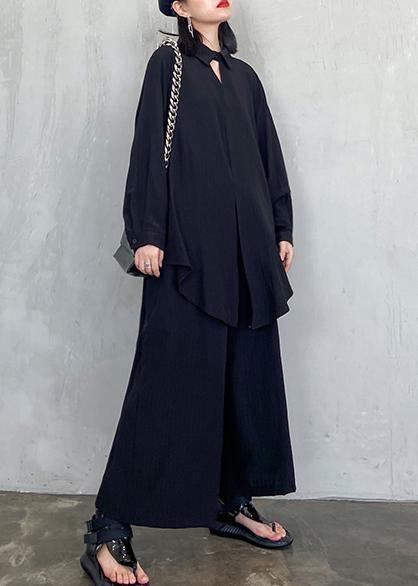 Suit large black long sleeve shirt wide leg pants two piece set - SooLinen