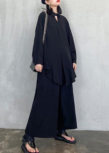 Suit large black long sleeve shirt wide leg pants two piece set - SooLinen