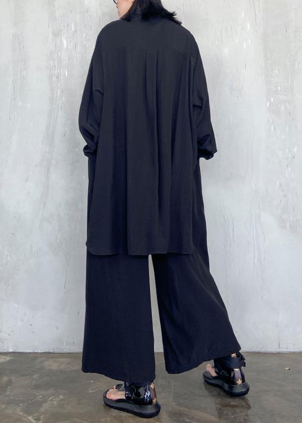 Suit large black long sleeve shirt wide leg pants two piece set - SooLinen