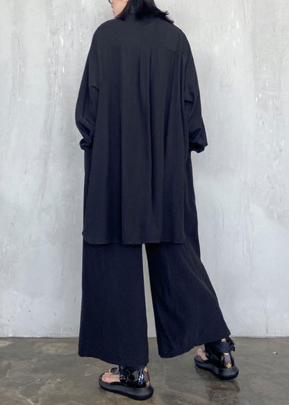 Suit large black long sleeve shirt wide leg pants two piece set - SooLinen