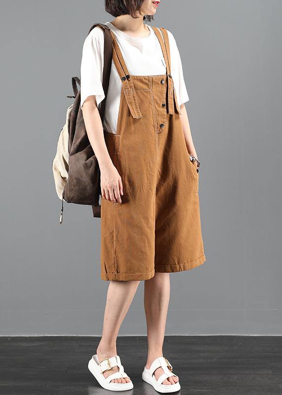 Summer 202 loose tooling brown bib pants women casual fashion five-point pants jumpsuit - SooLinen