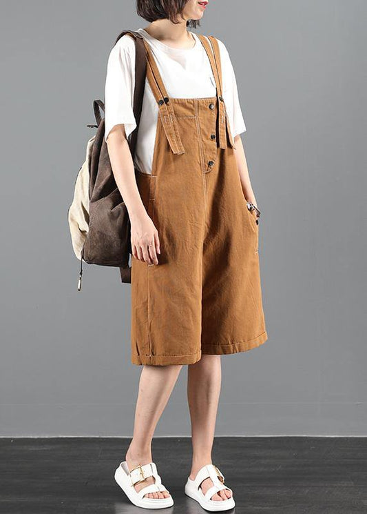 Summer 202 loose tooling brown bib pants women casual fashion five-point pants jumpsuit - SooLinen