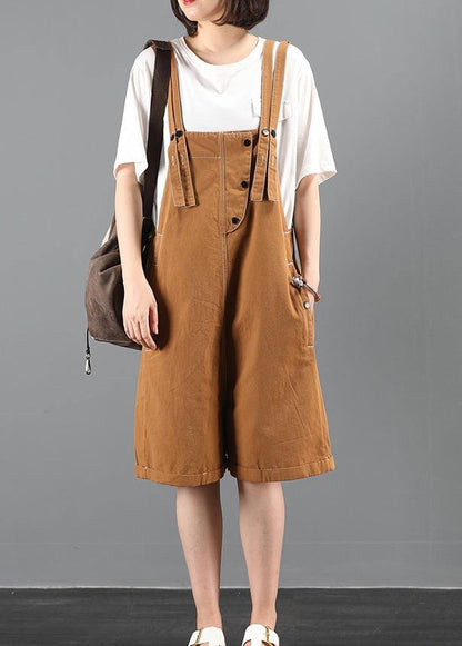 Summer 202 loose tooling brown bib pants women casual fashion five-point pants jumpsuit - SooLinen