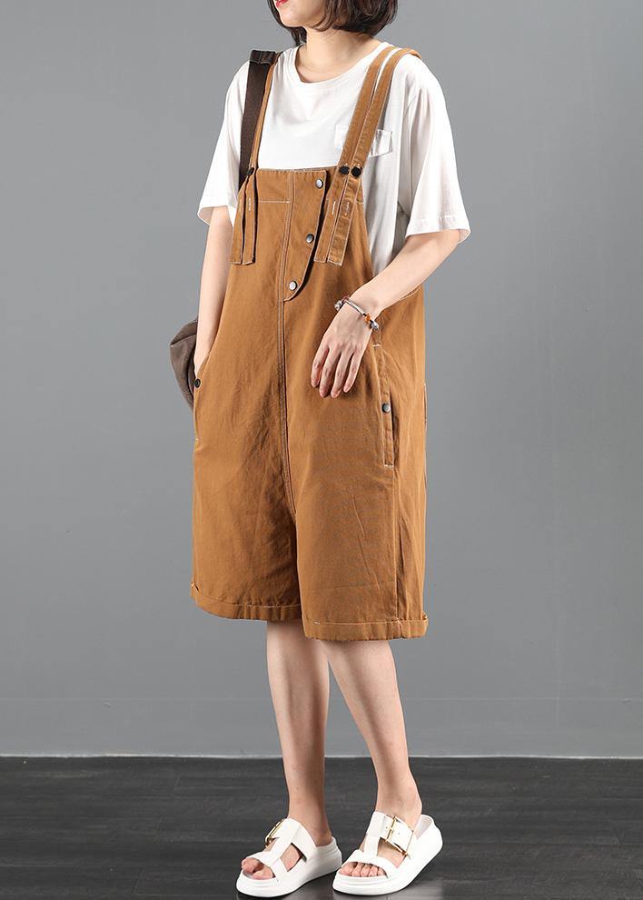Summer 202 loose tooling brown bib pants women casual fashion five-point pants jumpsuit - SooLinen