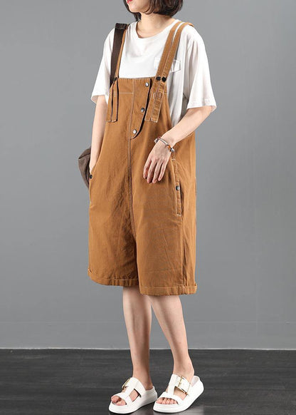 Summer 202 loose tooling brown bib pants women casual fashion five-point pants jumpsuit - SooLinen