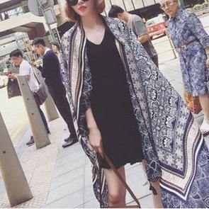 Summer Bikini Swimsuit Outer Blouse Gray Print Beach Vacation Oversized Scarf - SooLinen