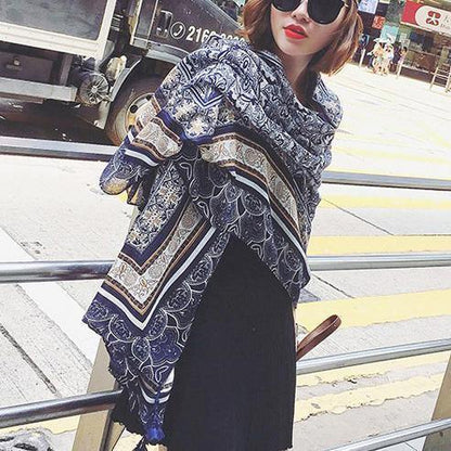 Summer Bikini Swimsuit Outer Blouse Gray Print Beach Vacation Oversized Scarf - SooLinen