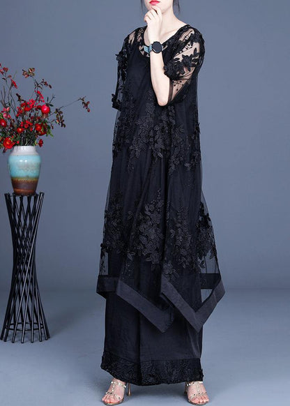 Summer Black Dress Wide Leg Pants Suspender Skirt Three Piece Set - SooLinen