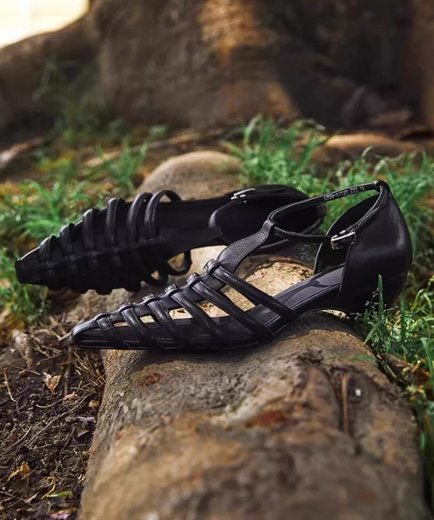 Summer Black Hollow Buckle Strap Chunky Heel Pointed Roman Sandals