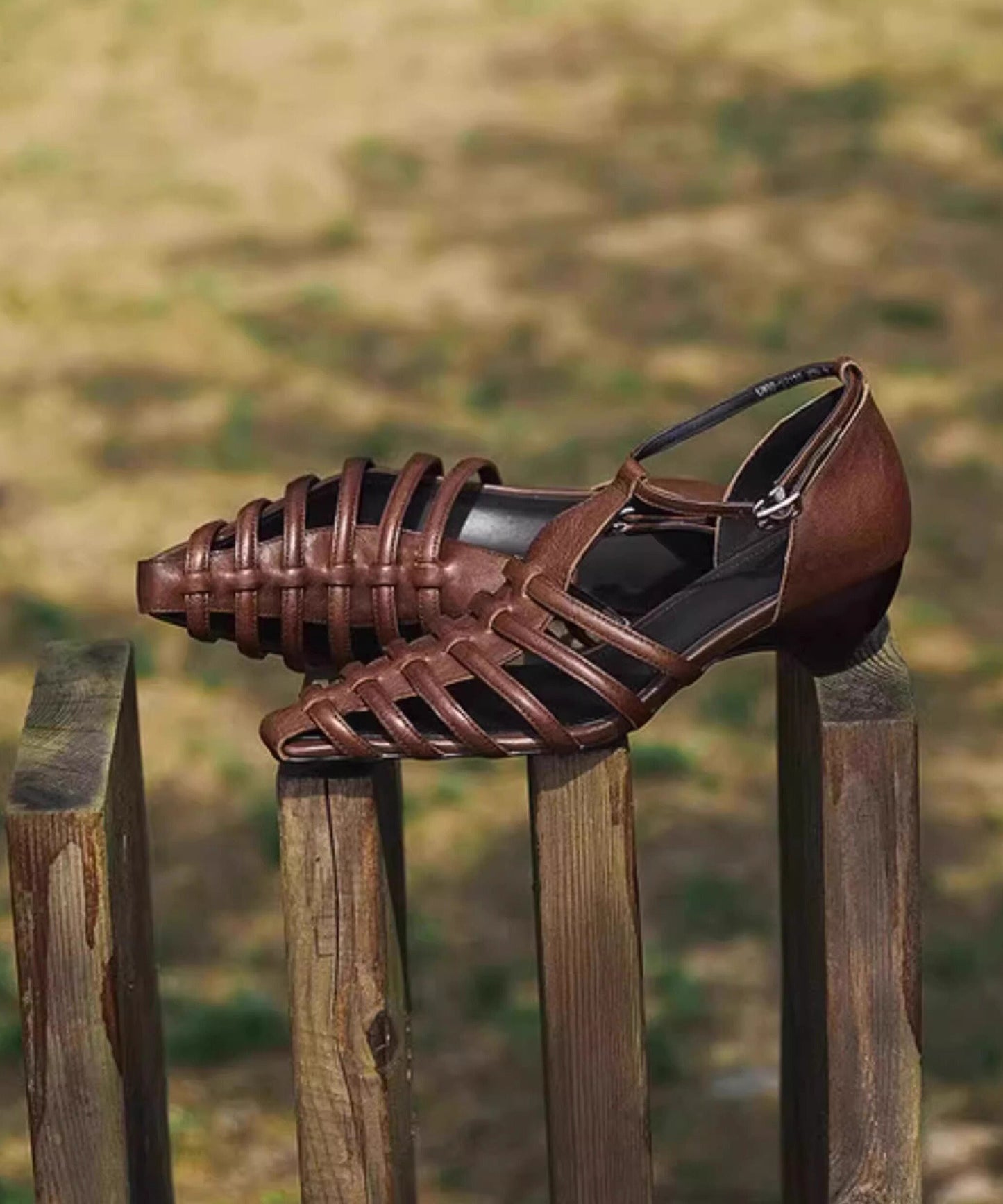 Summer Black Hollow Buckle Strap Chunky Heel Pointed Roman Sandals