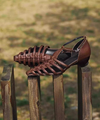 Summer Black Hollow Buckle Strap Chunky Heel Pointed Roman Sandals