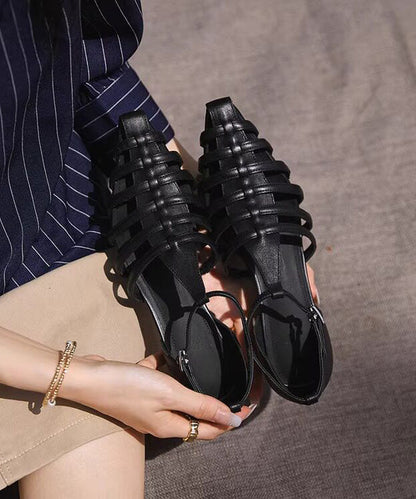 Summer Black Hollow Buckle Strap Chunky Heel Pointed Roman Sandals