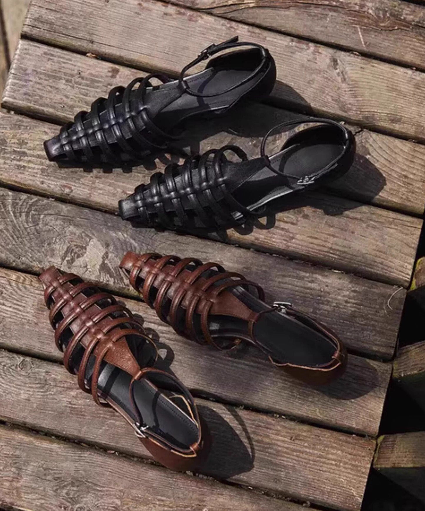 Summer Black Hollow Buckle Strap Chunky Heel Pointed Roman Sandals
