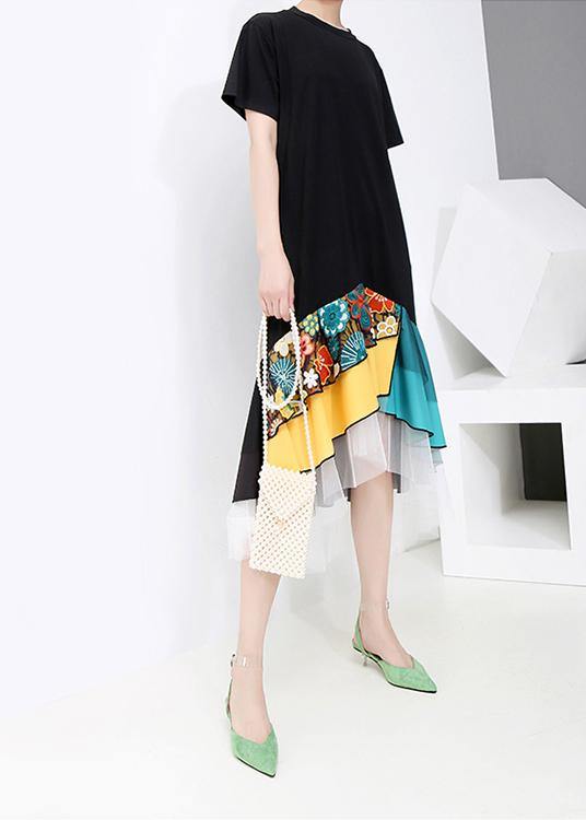 Summer Casual Black Colorful Printed Hem Dress - SooLinen