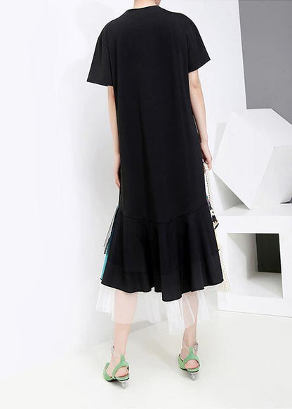 Summer Casual Black Colorful Printed Hem Dress - SooLinen