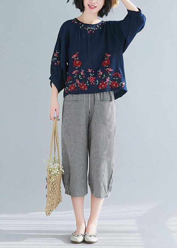 Summer Cotton Linen Navy O-Neck Casual Shirts - SooLinen