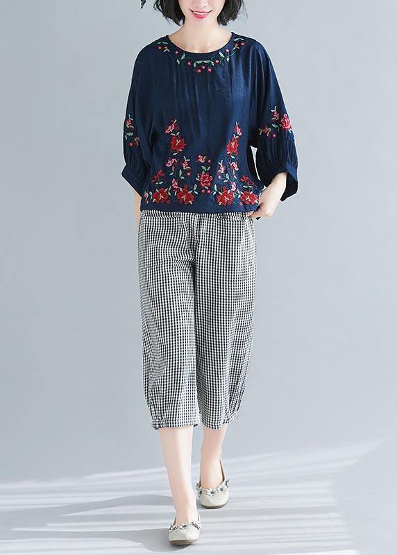 Summer Cotton Linen Navy O-Neck Casual Shirts - SooLinen