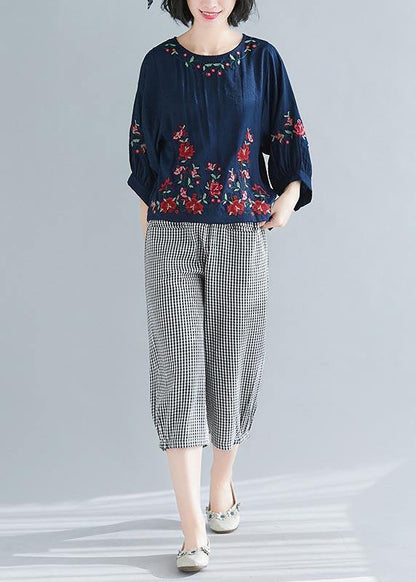 Summer Cotton Linen Navy O-Neck Casual Shirts - SooLinen