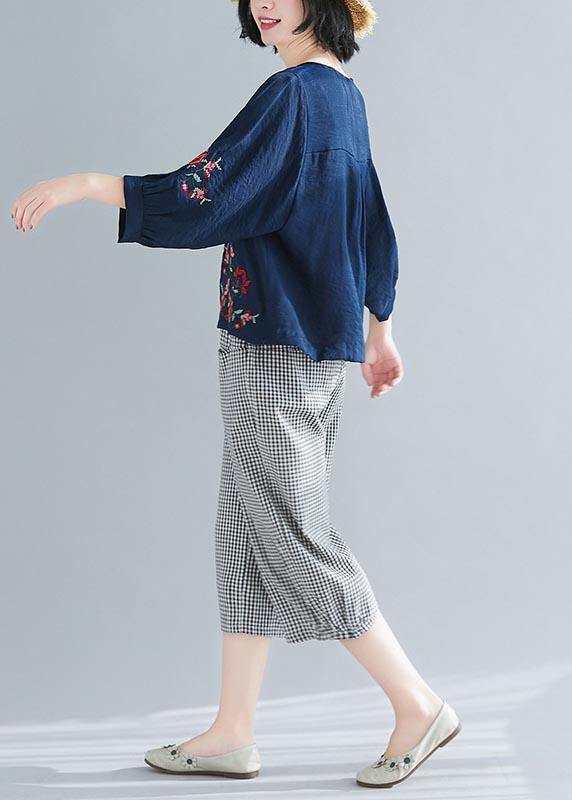 Summer Cotton Linen Navy O-Neck Casual Shirts - SooLinen