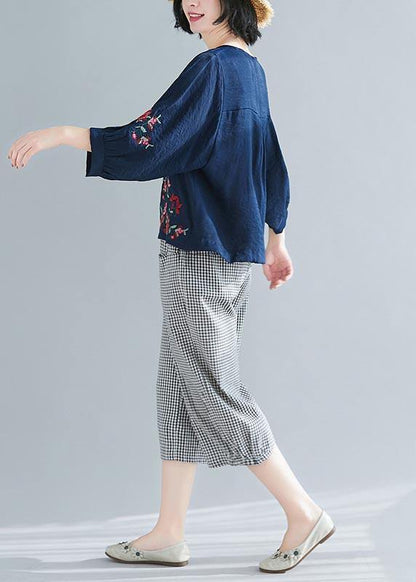 Summer Cotton Linen Navy O-Neck Casual Shirts - SooLinen