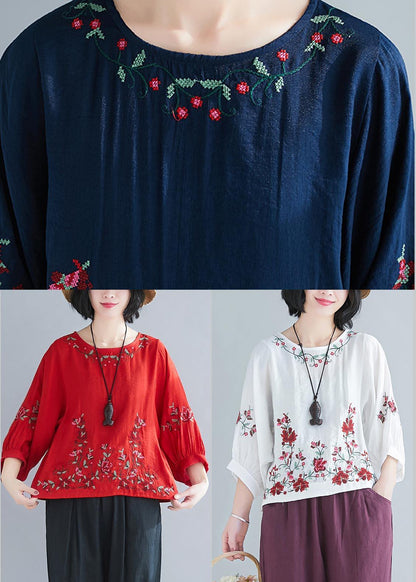 Summer Cotton Linen Navy O-Neck Casual Shirts - SooLinen