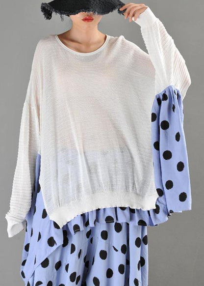 Summer Crew Neck Stitched T-shirt Pullover Loose Wave Point Top Women - SooLinen