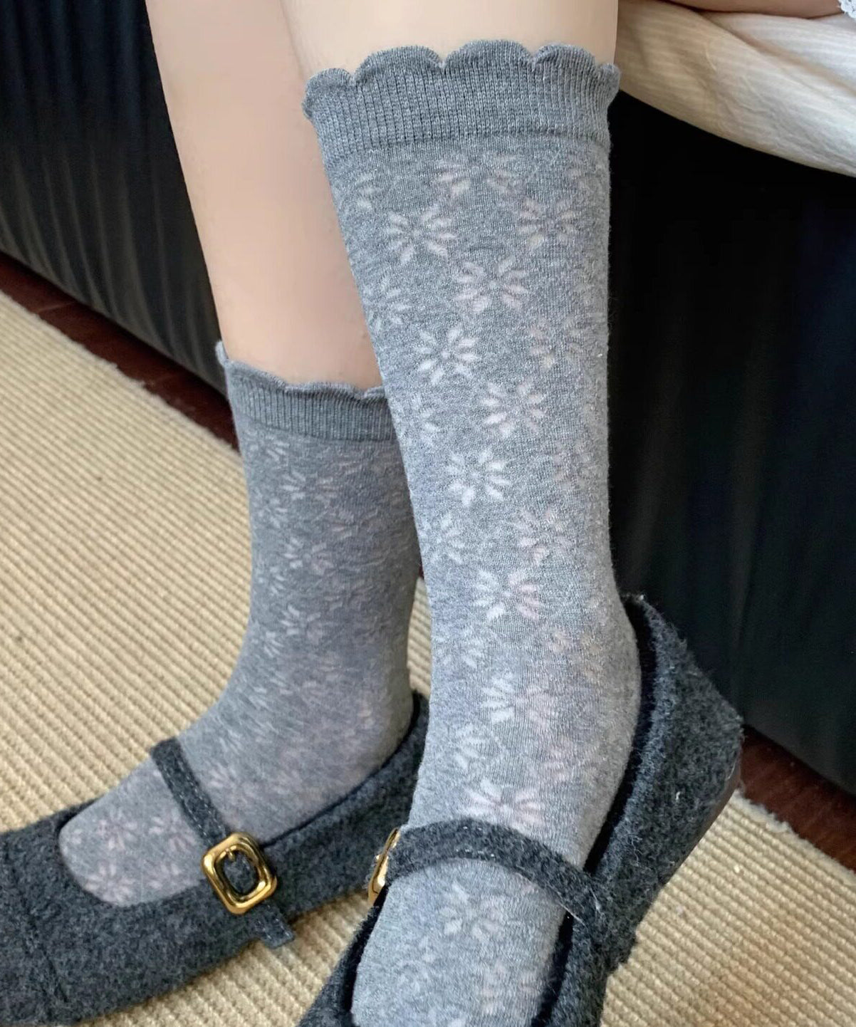 Summer Hollow Out Ruffled Jacquard Mid Calf Socks