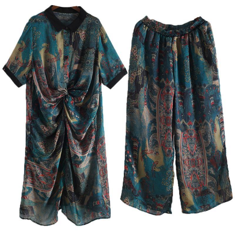 Summer Large Blue Print Chiffon Print Set Women's Shirt Pants Two Piece Set - SooLinen