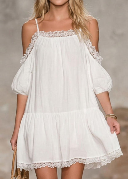 Summer New Off Shoulder Hollow Splicing Bubble Short Dress