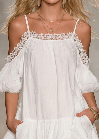 Summer New Off Shoulder Hollow Splicing Bubble Short Dress