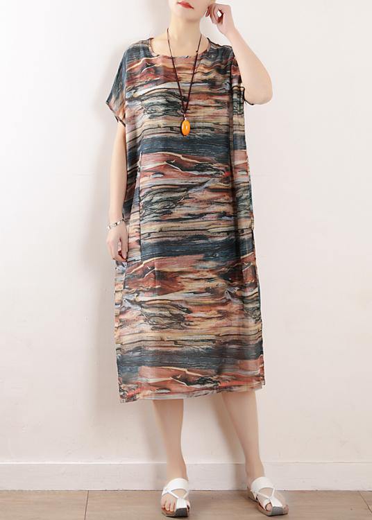 Summer Round Neck Chiffon Short Sleeve Printed Dress - SooLinen