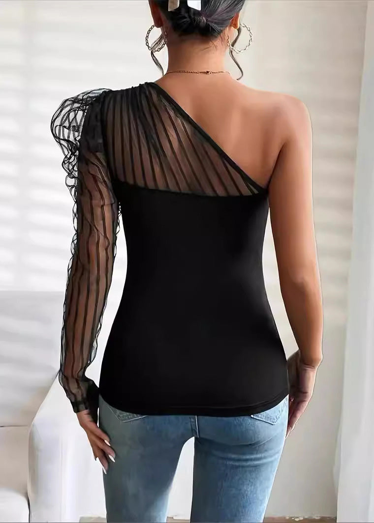 Summer Sexy Tulle Patchwork One Shoulder Long Sleeved T-Shirt Top