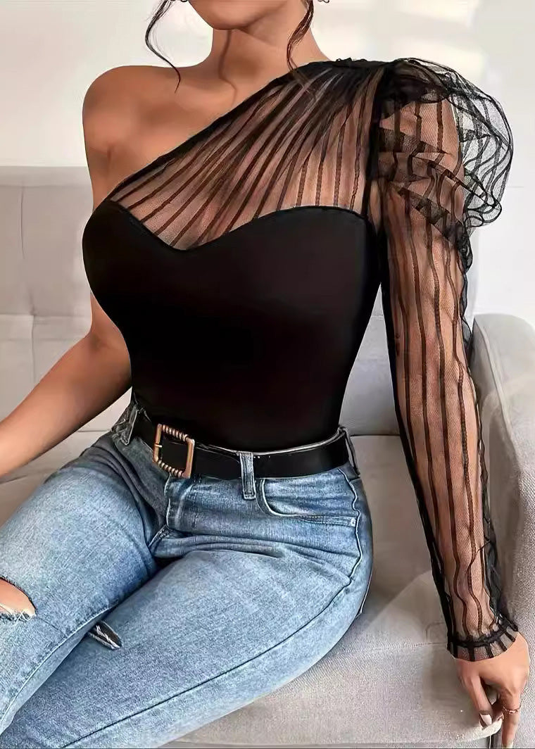 Summer Sexy Tulle Patchwork One Shoulder Long Sleeved T-Shirt Top
