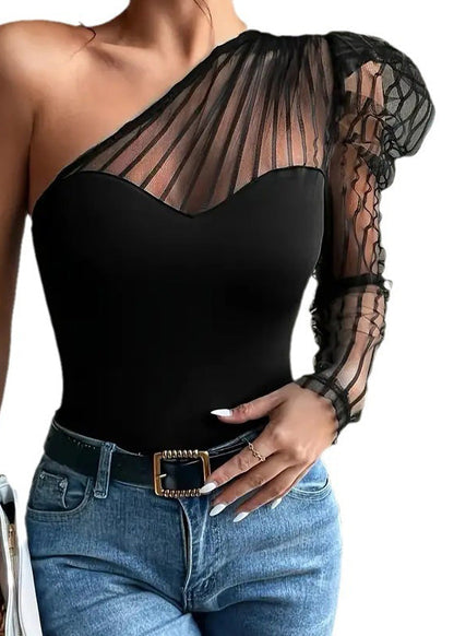 Summer Sexy Tulle Patchwork One Shoulder Long Sleeved T-Shirt Top