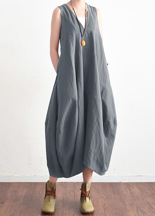 Sommer V-Ausschnitt Baumwolle Leinen Langes Kleid Solid Baggy Casual Lace Up Backless