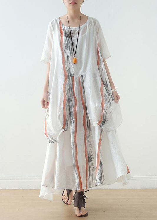 Summer Women White Chiffon Print O Neck Dress - SooLinen