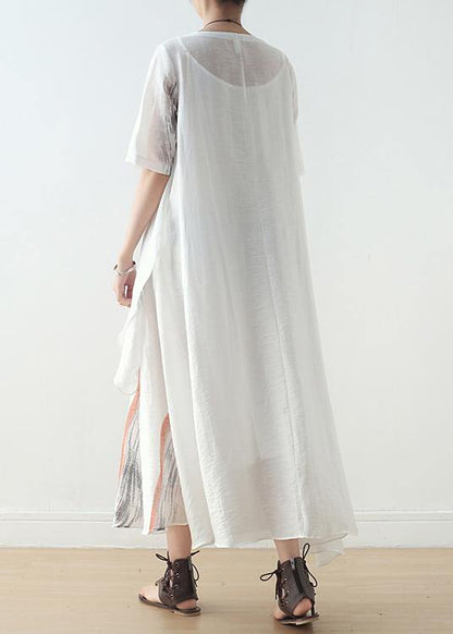 Summer Women White Chiffon Print O Neck Dress - SooLinen