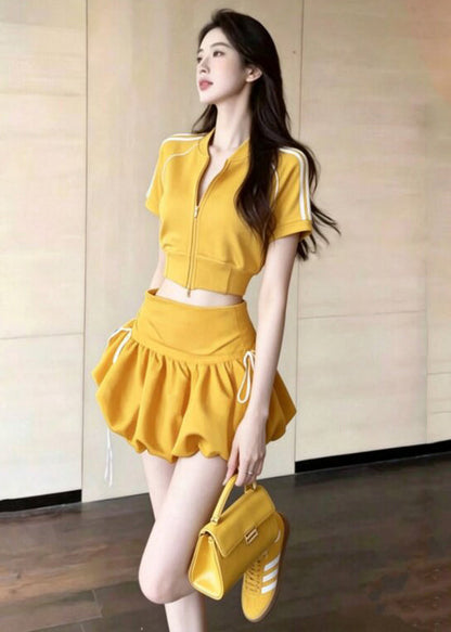 Summer Yellow Zippered Sports Top And High Waisted Skirt Set