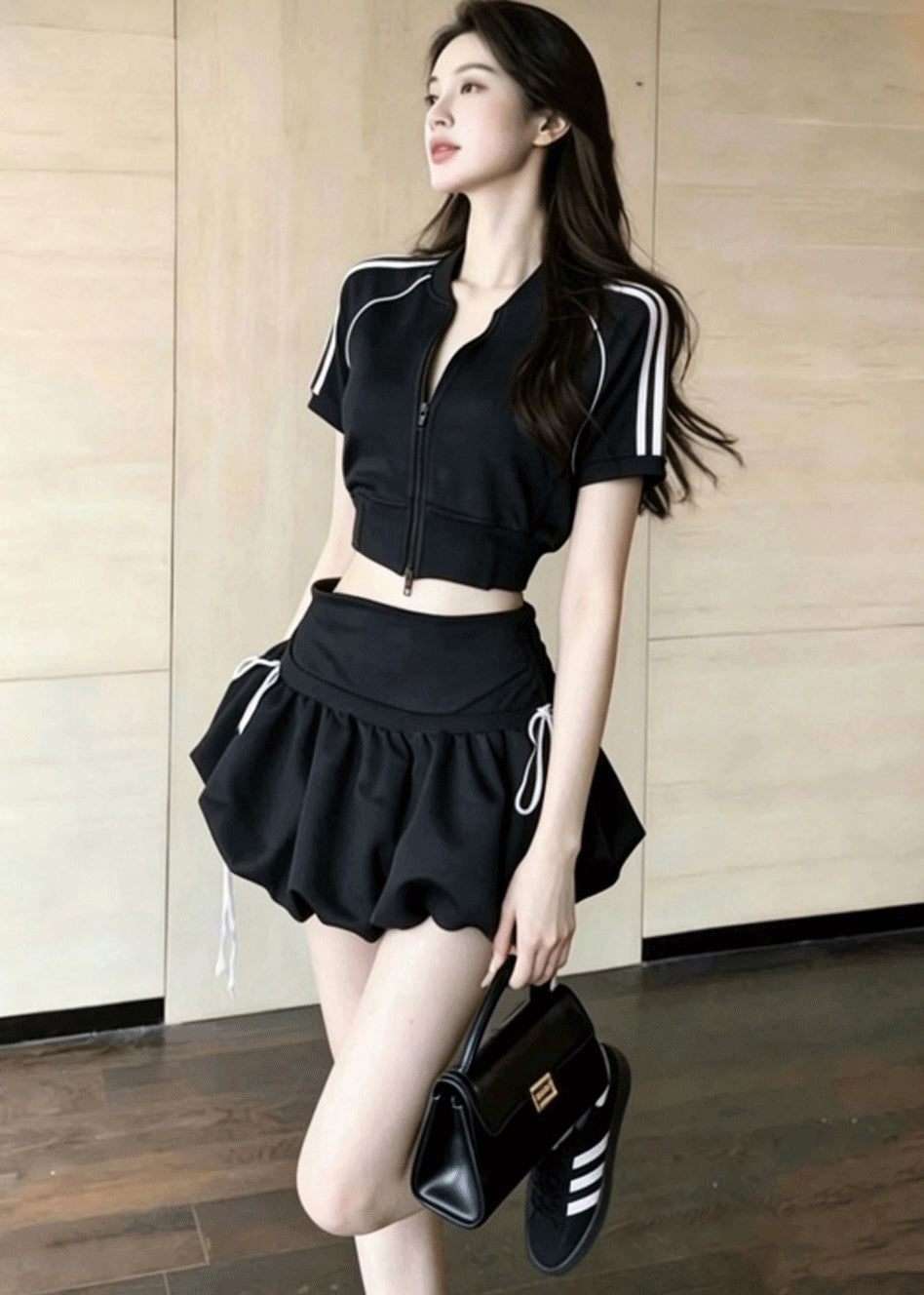 Summer Yellow Zippered Sports Top And High Waisted Skirt Set